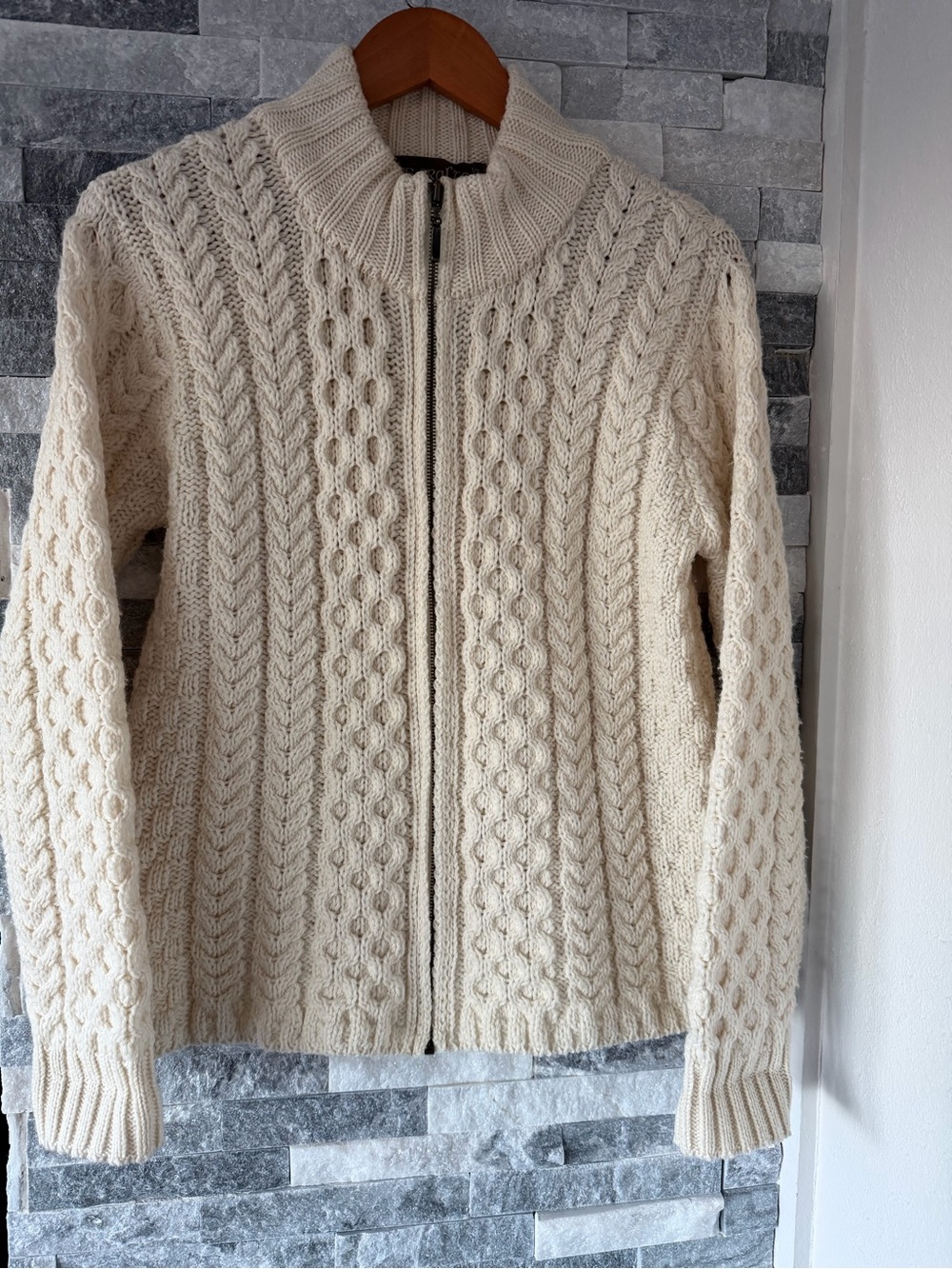 Women INIS CRAFTS 100% Merino Wool Irish Aran Full Zip Sweater-Cream-Medium
